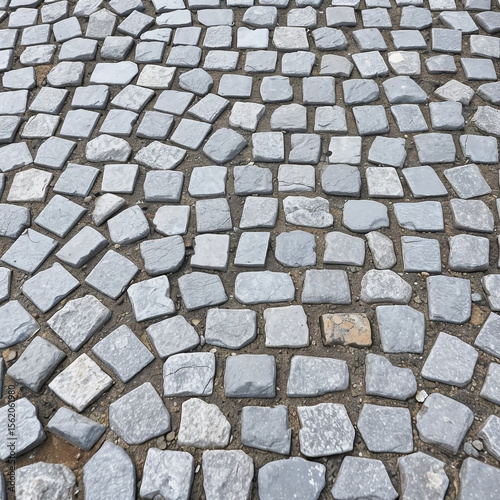 Patterned cobblestone pavement made of gray square stones laid in irregular gaps