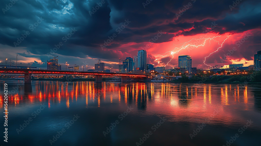 Fototapeta premium Stunning cityscape showcasing the dynamic contrast between vibrant urban life and the powerful energy of lightning, as the skyline is illuminated by dramatic bolts of nature’s raw force for imagery.