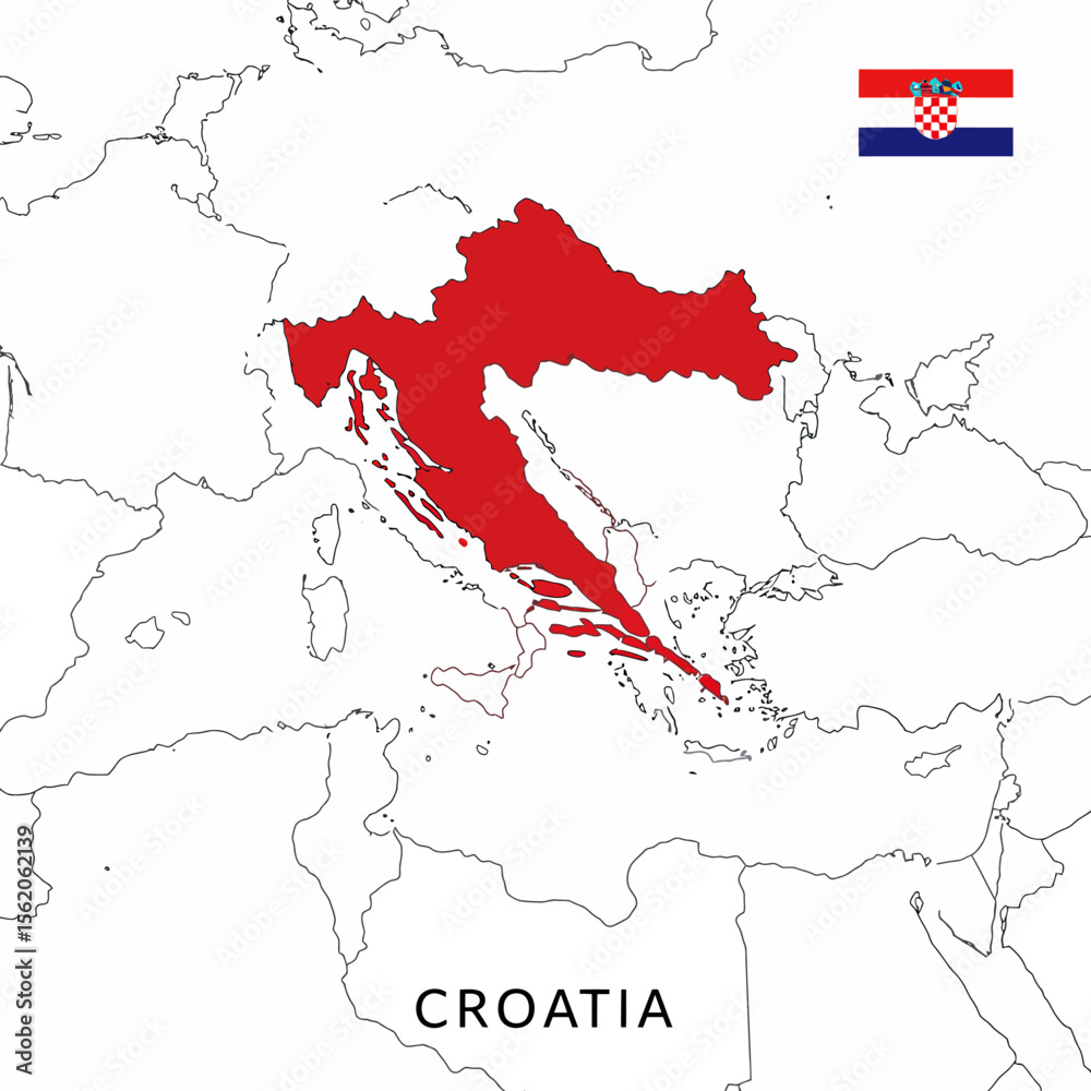 Obraz premium Illustrated map of Croatia with national flag, showcasing its geographic location in Europe and coastal outline.