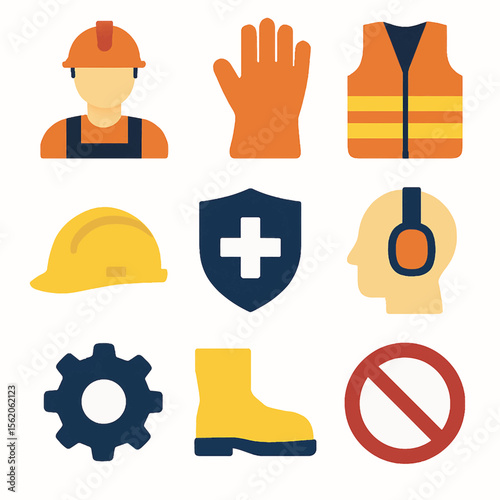 Construction site safety equipment icons featuring protective gear and symbols
