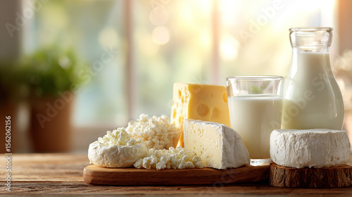 Fresh dairy products on a wooden table, conveying rustic simplicity and natural freshness.