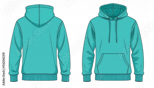 Cyan Hoodie Mockup for Product Design - T-shirt Template for Logo Placement and Branding - Technical Outline for Hooded Vest for Apparel and Merchandise - Print File for Front and Back - Clothing