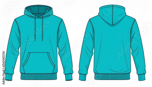 Cyan Hoodie Mockup for Product Design - T-shirt Template for Logo Placement and Branding - Technical Outline for Hooded Vest for Apparel and Merchandise - Print File for Front and Back - Clothing