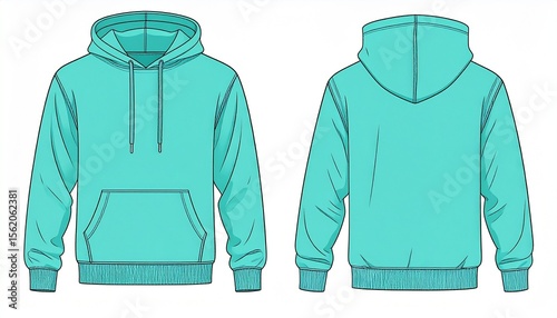 Cyan Hoodie Mockup for Product Design - T-shirt Template for Logo Placement and Branding - Technical Outline for Hooded Vest for Apparel and Merchandise - Print File for Front and Back - Clothing