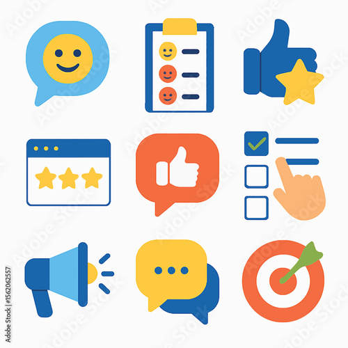 Customer feedback icons set featuring survey, rating, reviews and satisfaction