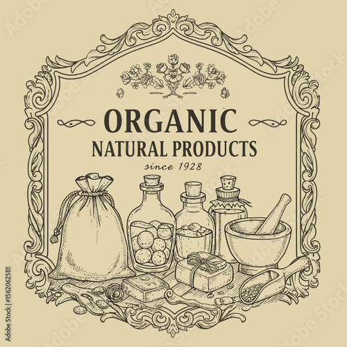 Vintage inspired drawing features organic natural products in a rustic, decorative frame since 1928 for cosmetics and skincare.
