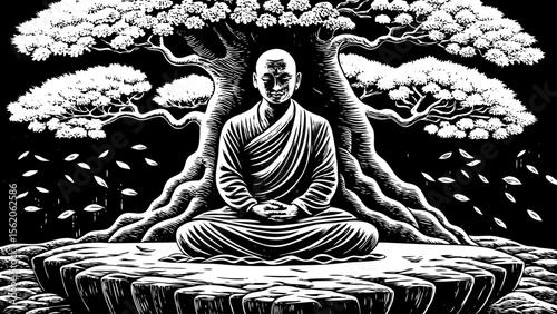 scene of a meditating monk under a bonsai tree, surrounded by falling cherry blossoms, drawn with simple black ink lines a black and white line art illustration