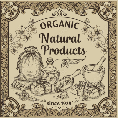 Vintage styled natural product sketch featuring organic cosmetics and soaps, made since 1928, in a decorated border.