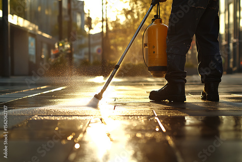 City street cleaner washing pavement with high pressure water during golden hour sunlight