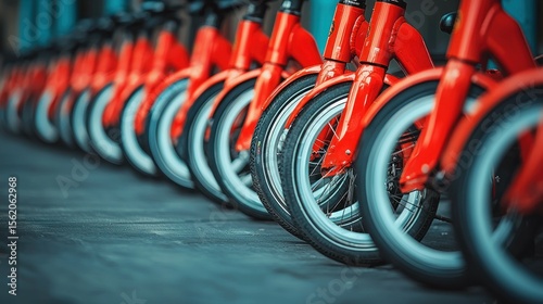 Row of bright red bikes, close-up on wheels