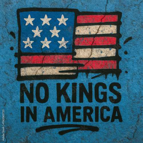 Grungy wall art featuring a stylized distressed American flag and bold text reading “No Kings in America,” expressing anti-monarchy sentiment.