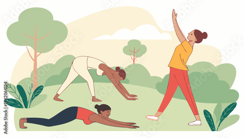 Three women practicing yoga poses outdoors in a park setting with trees and green foliage around them