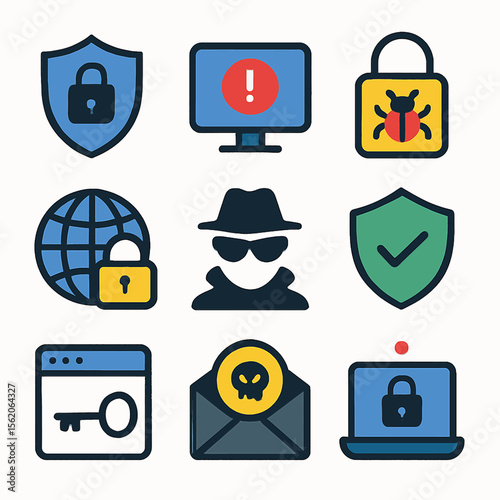 Cybersecurity icons depicting various digital threats and protection measures