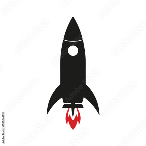 Black and red minimalist rocket ship icon, launching, startup, innovation, speed, technology, progress, future, success, ambition, growth, vector illustration, isolated on white background.