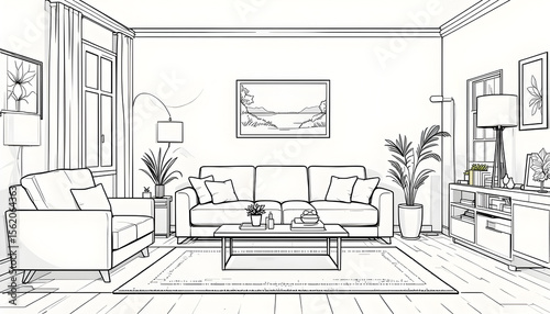 Serene living room interior showcases a comfortable sofa, chair, coffee table, rug, and decorative plants in a black and white sketch style.