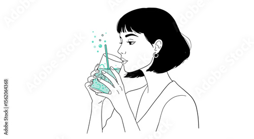 Minimal line art of woman drinking fresh water with lime for healthy lifestyle blogs and wellness content