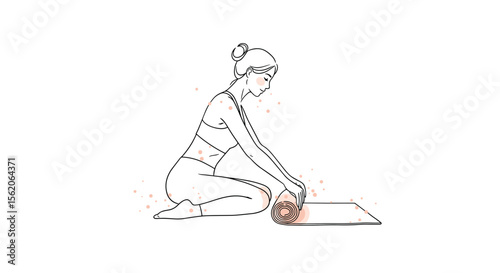 Minimal line art of woman rolling out yoga mat for wellness blogs and mindful living content

