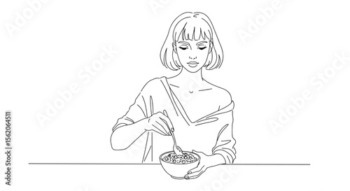 Healthy breakfast illustration of woman eating berry oatmeal for wellness blogs and nutrition guides


