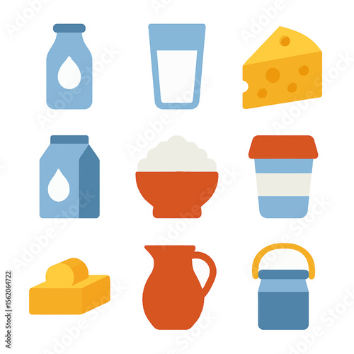 Dairy product vector icons collection featuring milk, cheese, butter, yogurt and cream