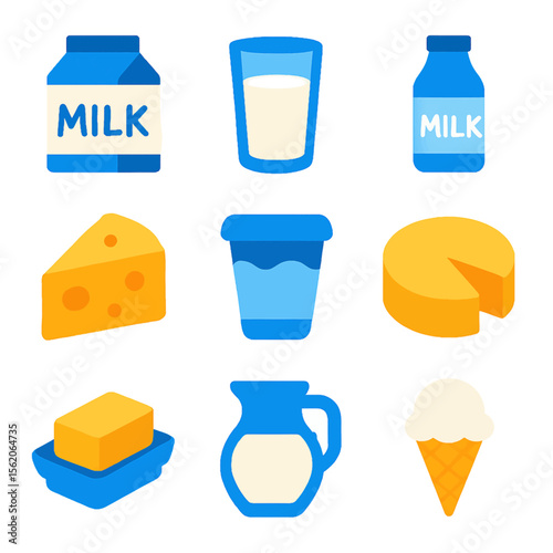 Dairy products assortment with milk, cheese, butter, yogurt and ice cream vector set