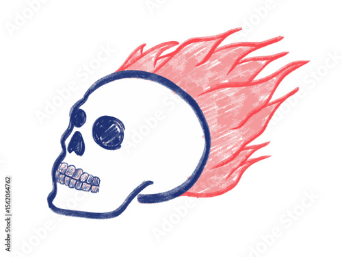 Expressive hand-drawn flaming skull in red and blue crayon, ideal for edgy, rebellious, or punk-inspired creative projects.
