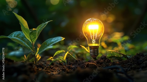 A green and red light bulb emitting a warm glow, placed on a dark green leafy plant in a lush green garden with a blurred background.