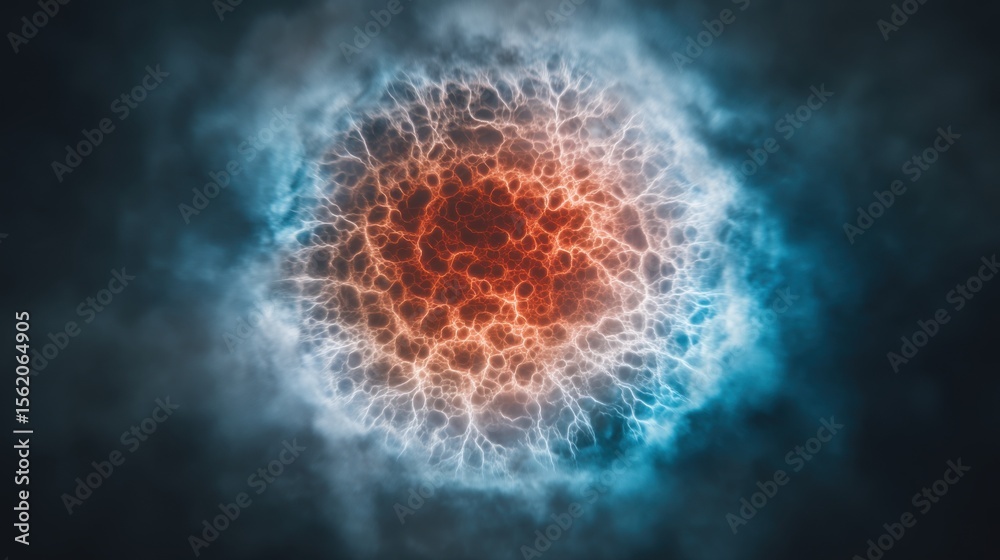 Obraz premium Vivid circular cosmic formation with glowing red core, crack-like energy patterns, orange-white layers, and blue smoky haze in dark nebulous space.