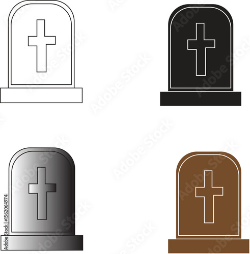 Tombstone Icon Set – Black Grave Icons with Cross in Colorful Variations | Vector Illustration
