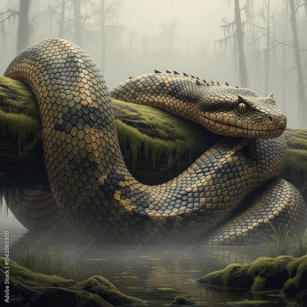 Obraz premium Titanoboa in Swamp – Prehistoric Giant Snake Art
