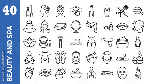 Beauty and spa icon set. Spa treatments. Cosmetics services. Concept of a healthy lifestyle, face and body care, recreation. Contains such icons as massage, sauna, cosmetology, skin care and more