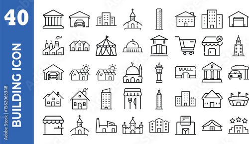 Building icon set. Containing house, office, bank, school, hotel, shop, university, hospital, church, museum, mosque, skyscraper, factory, architecture, city and more. Vector illustration