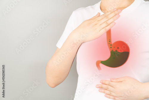 Gastroesophageal reflux disease (GERD) or acid reflux symptoms. Woman suffering from heartburn, stomachache, nausea and bloating. Gastrointestinal system disease and digestive problems.