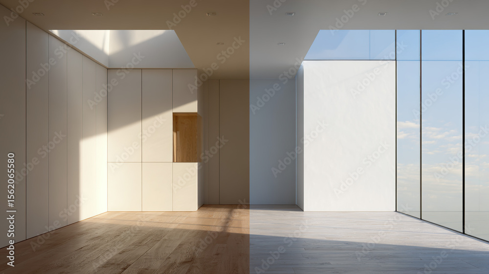 Fototapeta premium Minimalist room transformation: before and after, showcasing clean lines and natural light