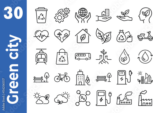 Green city icons set. Contains such icons as environmental, green energy, zero waste, use bike, bio filter, sustainable development, autonomous building, air a quality and more