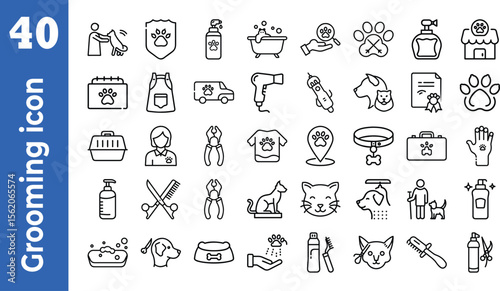 Grooming icon set. Simple set of pet grooming related vector line icons. Contains such Icons as pet-grooming, washing, teeth brushing, nail trimming, taking care of dogs and cats and more