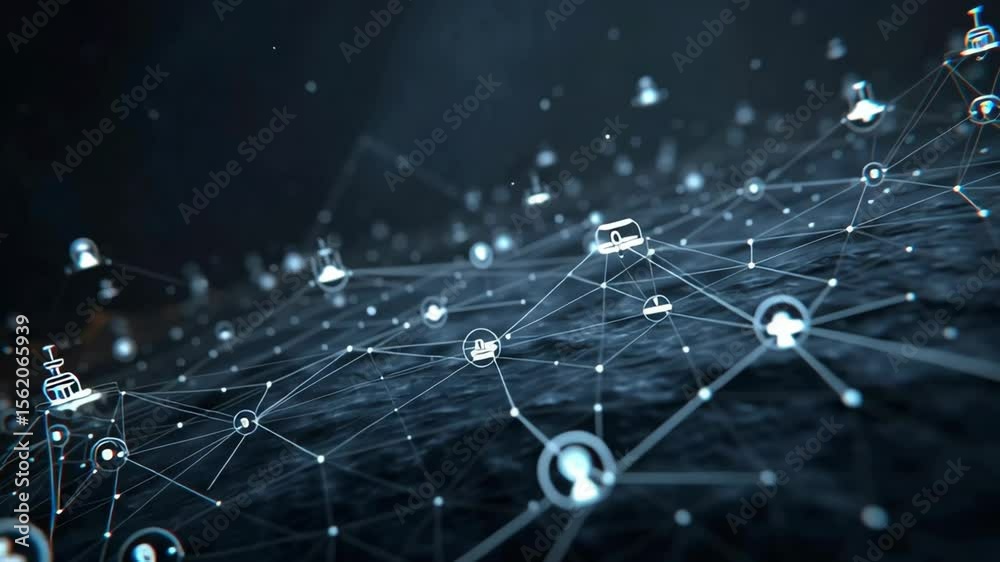 Futuristic network connecting digital devices and user profiles with glowing lines and nodes, representing global communication and data exchange in a complex interconnected system