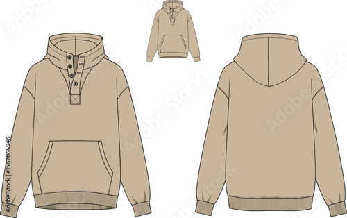Beige hoodie pullover with button-up placket, kangaroo pocket, ribbed cuffs, flat fashion vector, cad technical sketch, casual wear