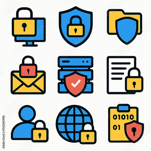 Data security icons depicting computer, shield, server, and global network