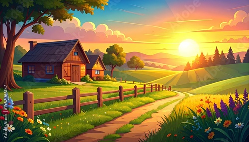 cartoon illustration of countryside at the sunset