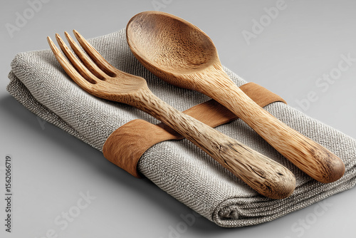 Wooden Cutlery Set with Napkin on White Background – Sustainable and Minimalist Dining Mockup