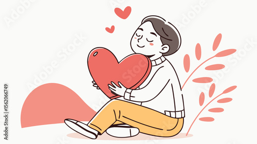 Illustration of a person hugging a big red heart with smaller hearts and plants around them happily