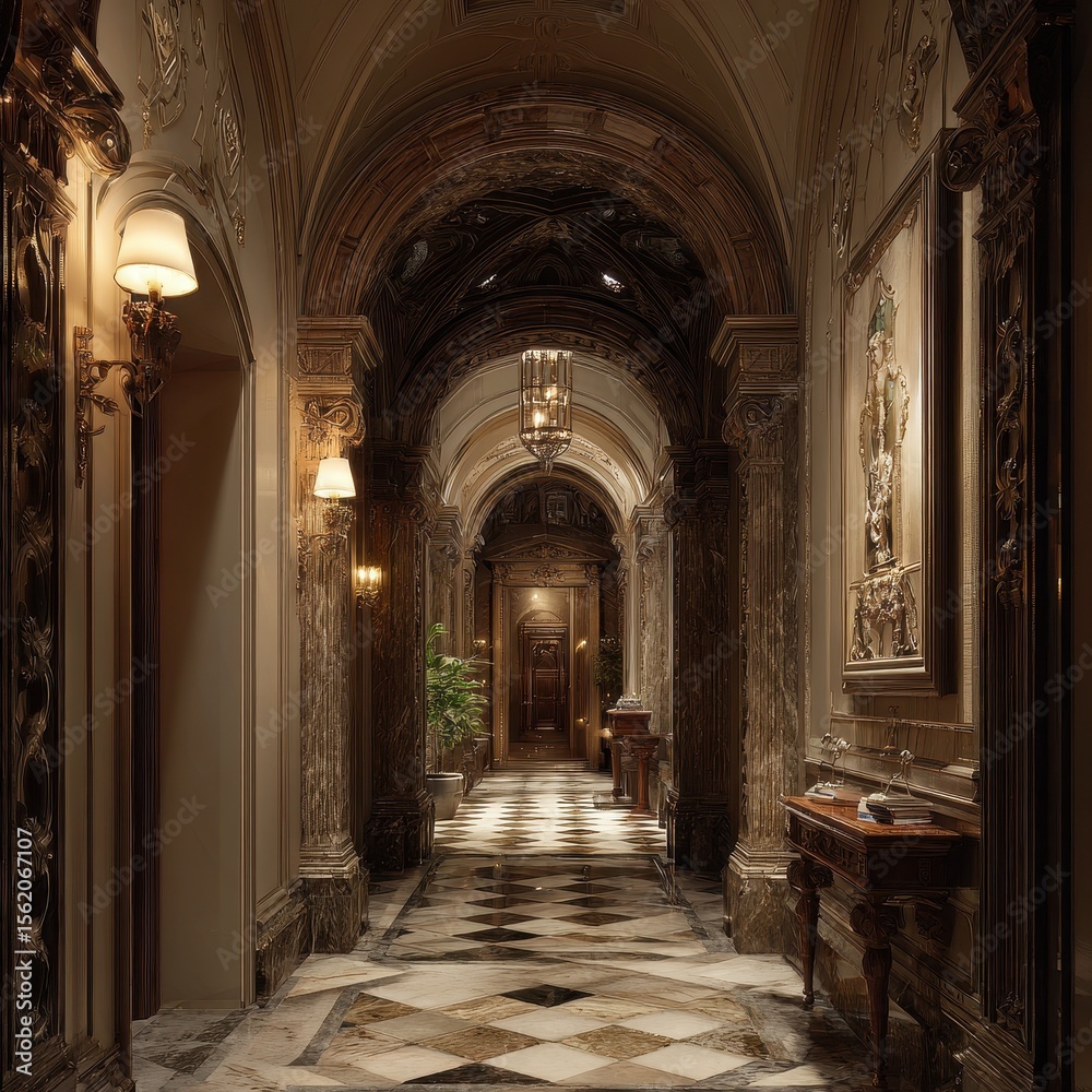 Obraz premium A long hallway with checkered marble floor, arches, and ornate detailing. The space exudes classic elegance and timeless design.