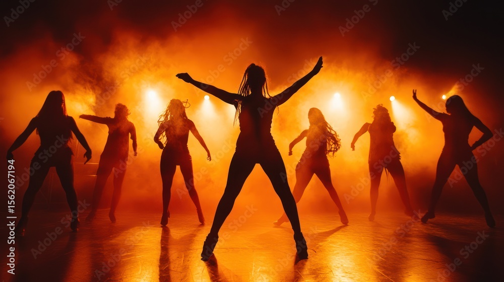 Fototapeta premium A group of women dancing in a foggy, orange-lit studio