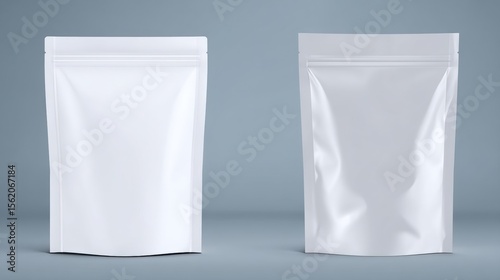Two blank, white packaging pouches displayed against a soft blue background, ideal for product mockups