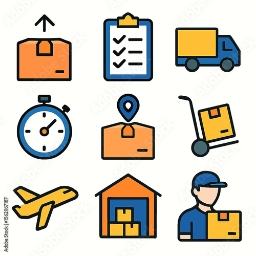 Delivery service icons set featuring package tracking, shipping, and logistics management