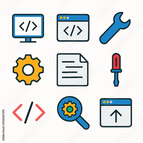 Development icons depicting coding and settings tools for software application concepts