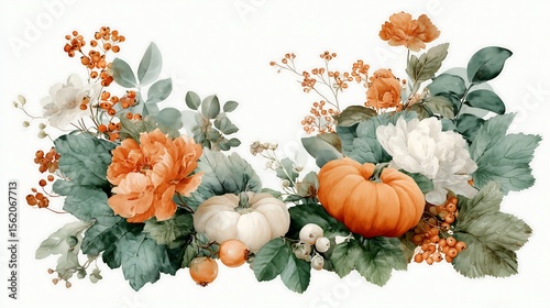Watercolor illustration of Seasonal Thanksgiving Centerpiece with Pumpkins and Autumn Florals Arrangement. Composition isolated on white background