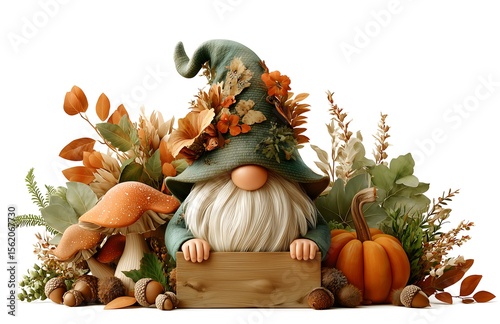 Autumn Gnome with Pumpkin, Mushrooms and Acorns – Fall Harvest Illustration for Seasonal and Thanksgiving Decor. Items Isolated on White Background