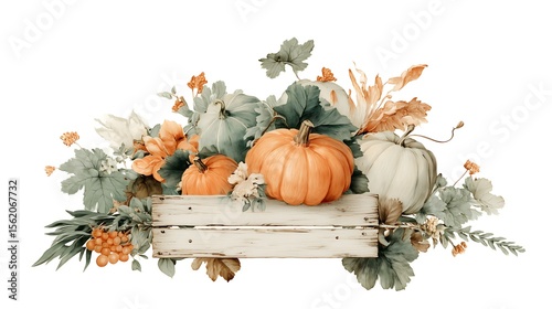 Rustic Pumpkin and Floral Arrangement for Fall and Thanksgiving Day. Featuring flowers, leaves, grapes and ideal thanksgiving table centerpiece. Isolated on White