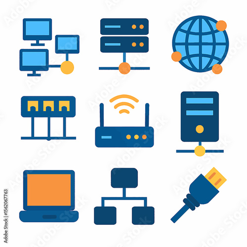 Diverse network infrastructure components depicted in vector illustrations
